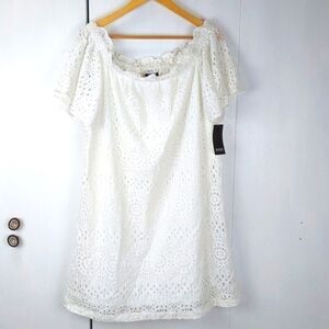 ANA White Eyelet Crochet off Shoulder mini Dress Neutral feminine flirty Sz.XL